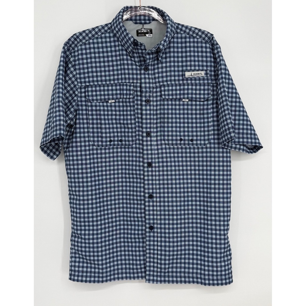 Habit Mens Short Sleeve Fishing‎ Shirt Maritime Blue Plaid UPF 40+ Sz S